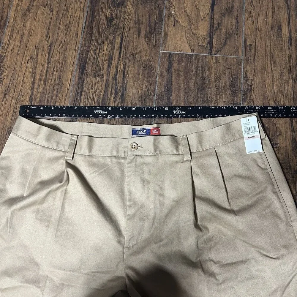 Izod American Chino Double Pleat 42x32 Classic Khaki Non Iron Cotton NWT Work